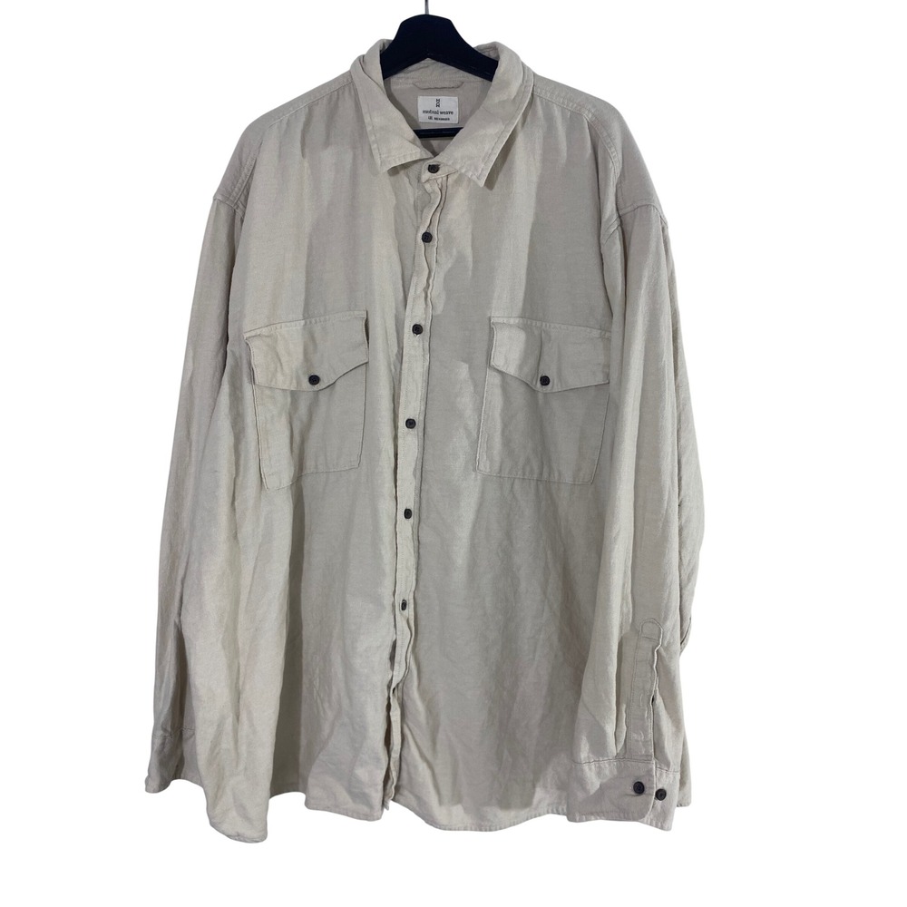 Mutual Weave Button Down Shirt Mens 4XL Beige Good Long Sleeve Twill Pockets